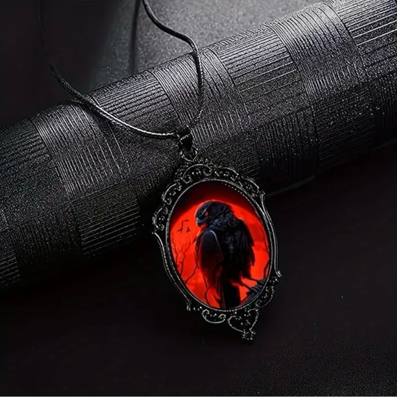 Red Moon Eagle Cameo Necklace Gothic Style Glass Pendent Choker Mystic Witch Jew - Picture 7 of 14